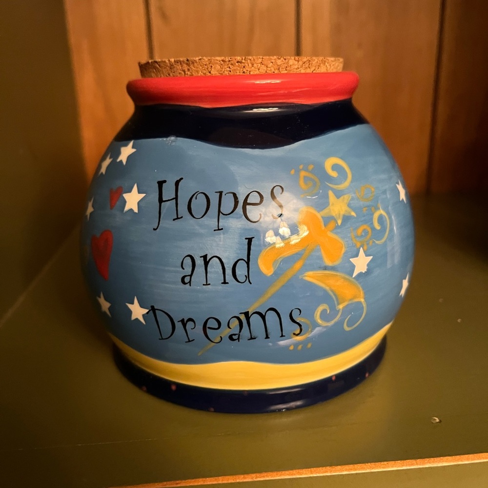 Happy New Year!!  Hopes and Dreams painted on jar w cork lid, Happy 2025!